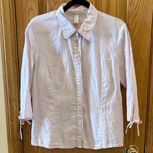 VINTAGE Old Navy Light Pink Linen Blouse with Satin Trim and 3/4 Tie-Sleeves